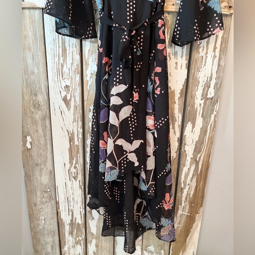 JAPNA Wrap Dress Size Medium Black with Dots, leaves kimono style - Picture 3 of 6